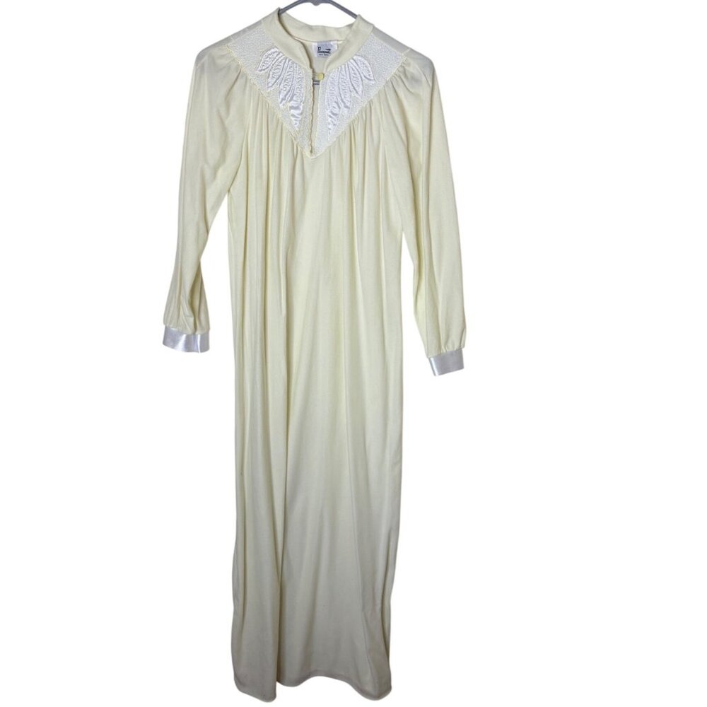 Vintage Paramount NY Nightgown M Yellow Nylon Embroidered Yoke USA Nightdress